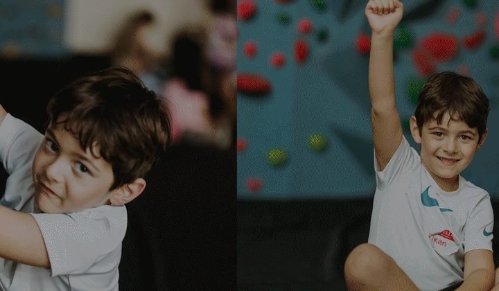 A young boy in a white shirt climbs a colorful indoor rock wall on the left, and sits smiling with one arm raised in victory on the right—capturing pure summer camp adventure.