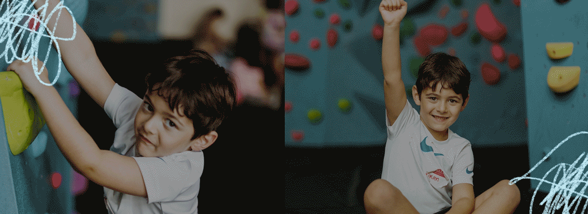 A young boy in a white t-shirt climbs a rock wall on the left, and on the right, he sits smiling with one arm raised in celebration after his Summer Adventures at DC. Blue and white scribble designs decorate the image.