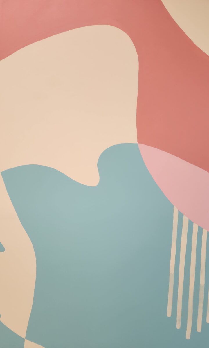 Abstract artwork featuring organic shapes in soft pastel colors, with curved lines and a few parallel vertical stripes on the right—perfect for a space where members and local artists can showcase their artwork and creativity. Smooth, flowing design.