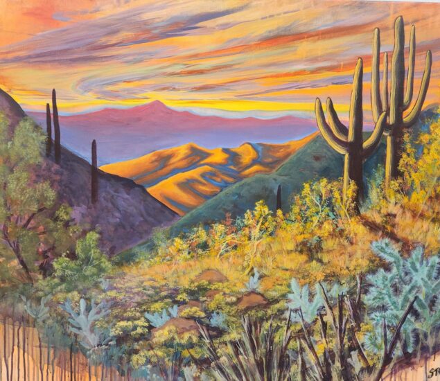 A vibrant desert landscape at sunset, featuring tall saguaro cacti, colorful wildflowers, and hills with golden light—a space for members and local artists to showcase their artwork and creativity inspired by nature’s beauty.