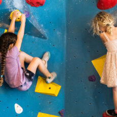 Two young children climb inside an indoor rock climbing gym. One wears a purple shirt and shorts, clinging to holds, while the other in a pink dress stands on yellow holds, both on a blue wall with colorful climbing grips.