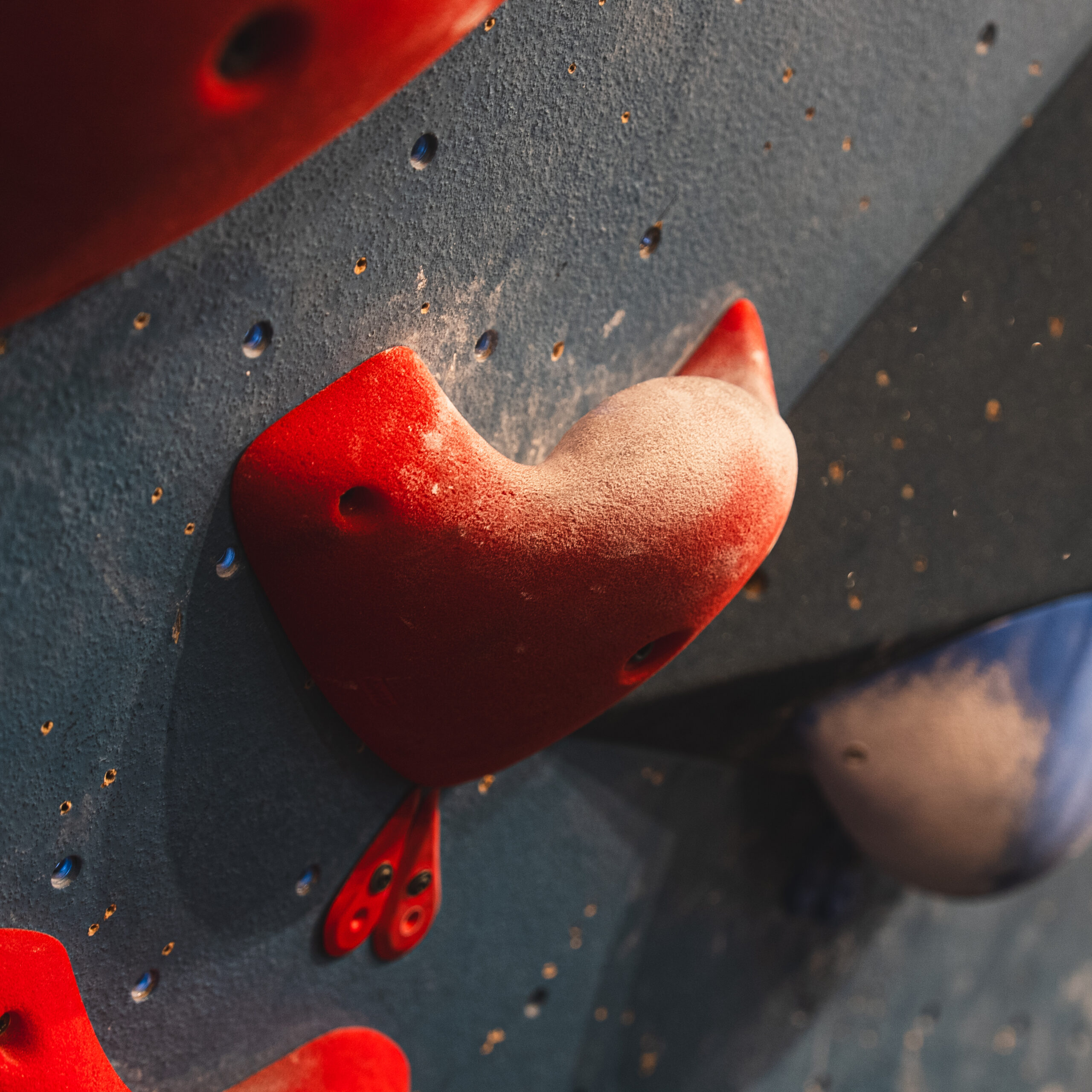 A close-up of a red bird-shaped rock climbing hold, part of a set of unique rock climbing holds attached to an indoor wall, with visible bolt holes and a blue hold partially visible on the right.