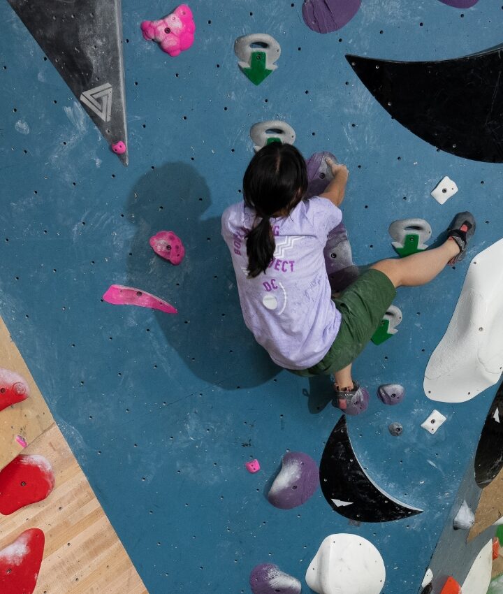 A person with a ponytail is climbing an indoor bouldering wall with colorful holds, surrounded by wooden panels and large windows in a modern gym.