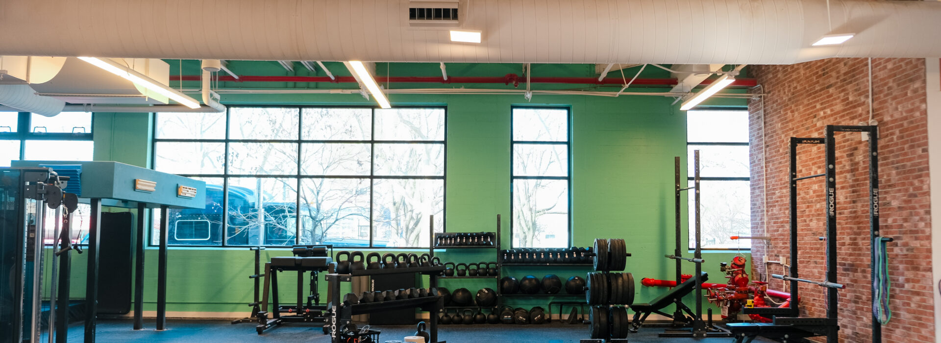 A brightly lit gym with large windows, green and brick walls, weight racks, benches, and neatly arranged exercise equipment awaits at Brooklyn Climbing Yoga and Fitness.
