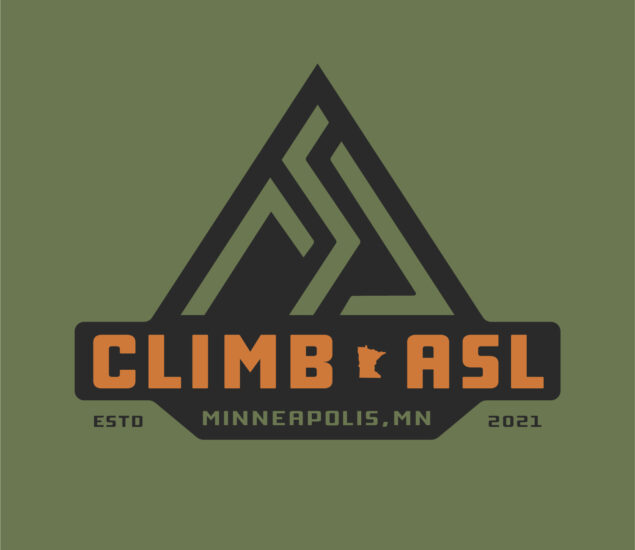 Logo with a black triangular mountain design and orange text reading “CLIMB ASL.” Below, it says “ESTD 2021 MINNEAPOLIS, MN” on a green background. Perfect for community clubs in Minneapolis, the I in ASL is shaped like Minnesota.