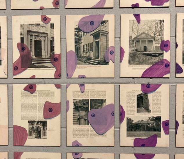 Pages from old magazines or books featuring black-and-white photos of houses are arranged in a grid on a wall, part of a Minneapolis Community Arts program. Purple and pink shapes are drawn and painted over the pages, some with concentric circles inside.