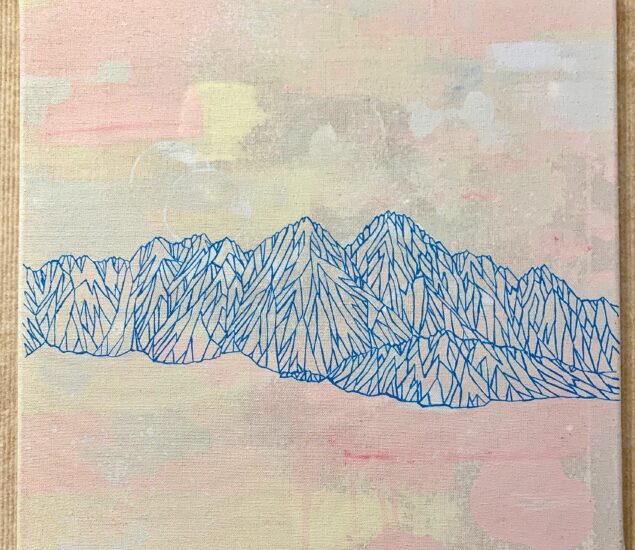 Abstract artwork featuring a blue line drawing of jagged mountain peaks against a pastel background with soft pink, beige, and white hues. This minimalist design reflects the creative spirit found in Minneapolis Community Arts programs.