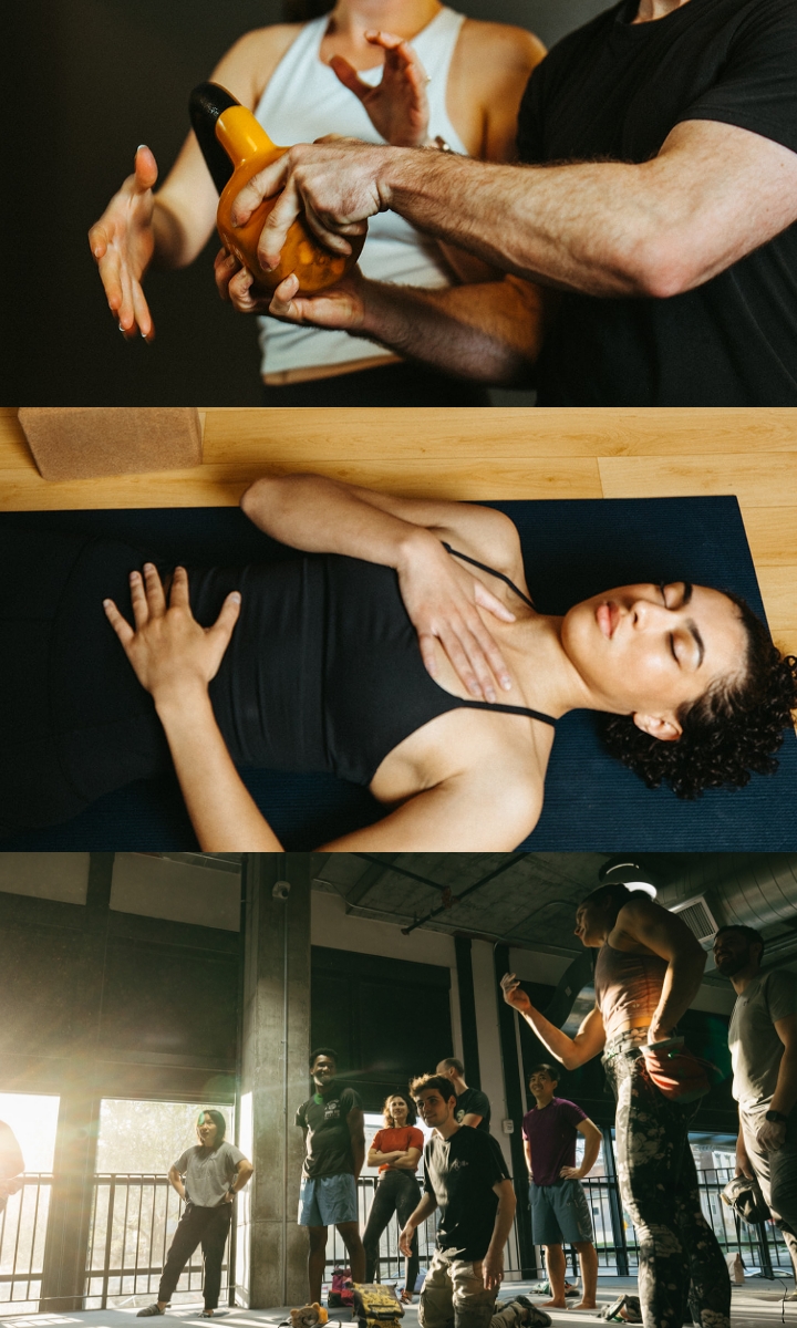 A collage of three images: hands adjusting a kettlebell, a woman lying on a yoga mat with eyes closed and one hand on her chest, and a group workout session in a sunlit gym—all moments you’ll find on our Class Calendar.