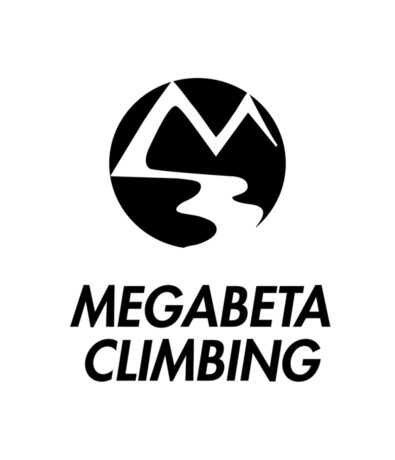 Black and white logo featuring a stylized mountain and winding path inside a circle, with the text MEGABETA CLIMBING in bold, uppercase letters below—a perfect fit for any Seattle Boulderfest competition branding.