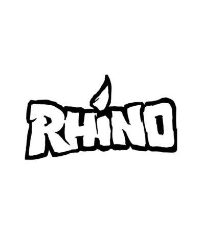 The word RHINO is written in bold, black, cartoon-style letters with a small rhino horn shape above the letter I, inspired by the energy of the Seattle Boulderfest competition, set on a white background.