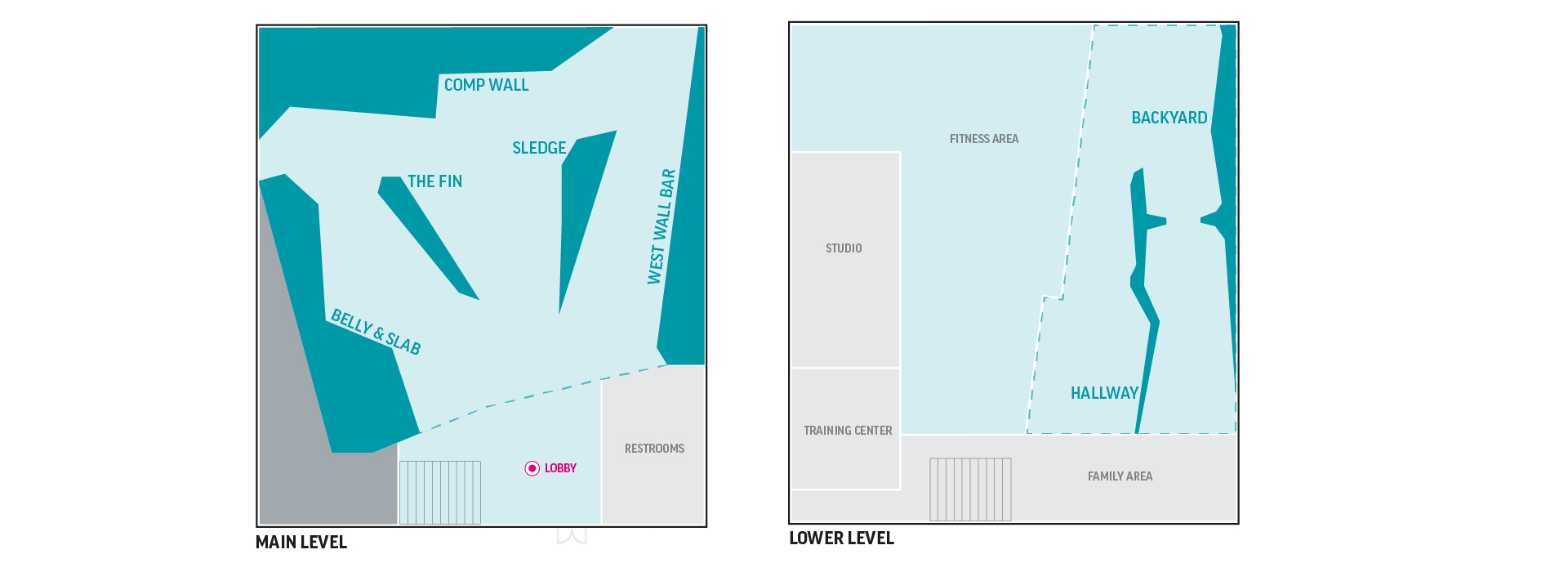 Two floor plans for Upper Walls Fremont: Main Level features labeled climbing areas (Comp Wall, The Fin, Sledge, Belly Flop) with lobby/restrooms; Lower Level includes a fitness area, studio, training center, family area, hallway, and backyard.