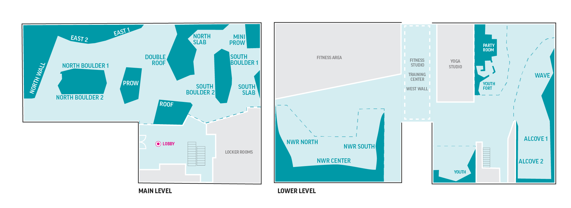 A floor map of a climbing gym with main, lower, and upper levels labeled. Areas include boulders, slabs, roof, lobby, lockers, fitness area, party room, yoga studio, and alcoves. Entrances and stairways are marked.