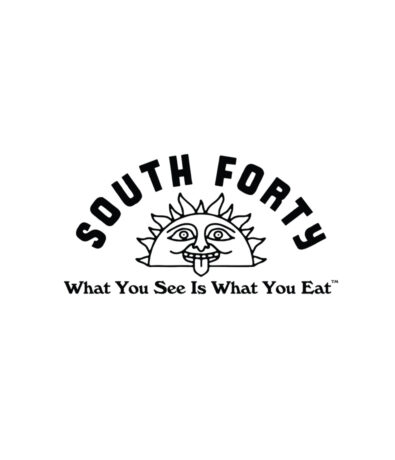 Black and white logo with SOUTH FORTY above a sun with a face sticking its tongue out, inspired by the Seattle Boulderfest competition, and the text What You See Is What You Eat™ below.
