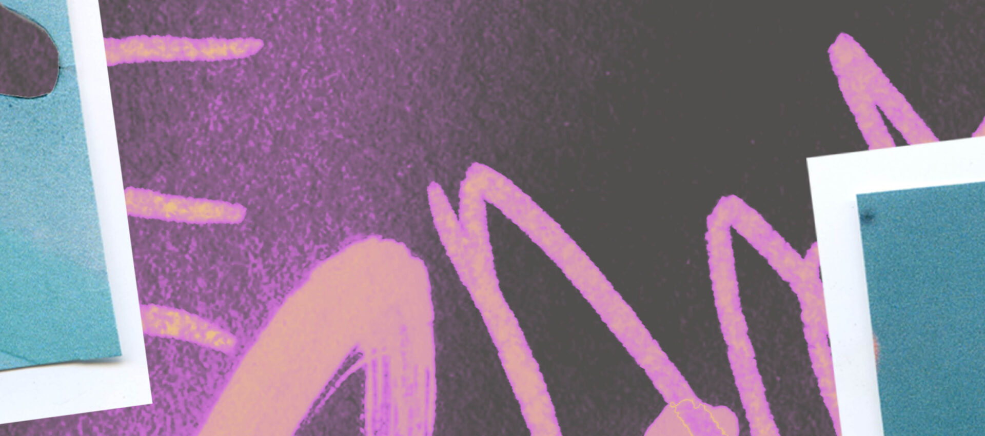 Abstract image with vibrant purple and pink brush strokes on a dark background, featuring partial white-bordered teal shapes on the left and right edges—perfect for promoting Summer Camp 2025 across all markets.