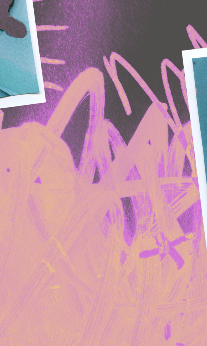 A digital collage for Summer Camp 2025 featuring partial photographs on the edges over a textured background with pink and purple abstract scribble patterns.