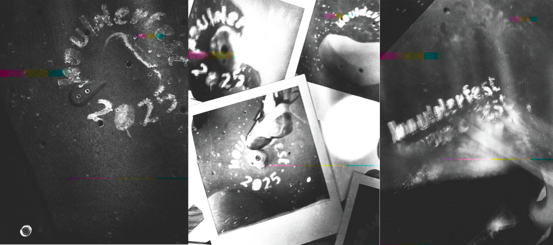 A black and white collage of Polaroid photos and handwritten text reading “Boulderfest 2025,” featuring images of the moon, lunar surface, and slight color glitches across the images at this unique climbing festival.