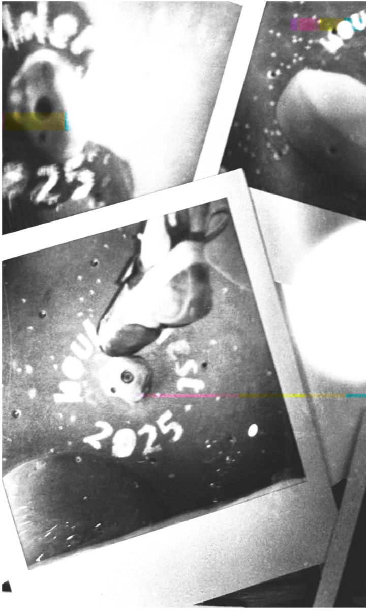 Black and white Polaroid-style photos layered together, one showing a person underwater near lettering that reads Boulderfest 2025 with bubbles and light reflections, create a dreamy, surreal effect reminiscent of Brooklyn’s creative spirit.