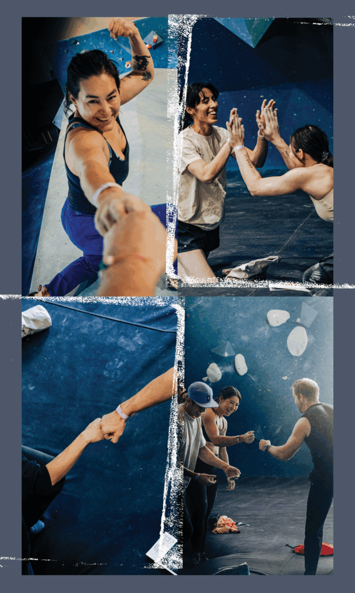 A collage of four images shows people rock climbing indoors, celebrating with high-fives and handshakes, smiling and cheering each other on near a climbing wall.