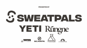 Black background with white logos and text for Boulderfest 2025 sponsors: SweatPals, Yeti, Rungne, Organic Climbing, Scarpa, FrictionLabs, and La Sportiva. Presented by appears above for this premier climbing festival.