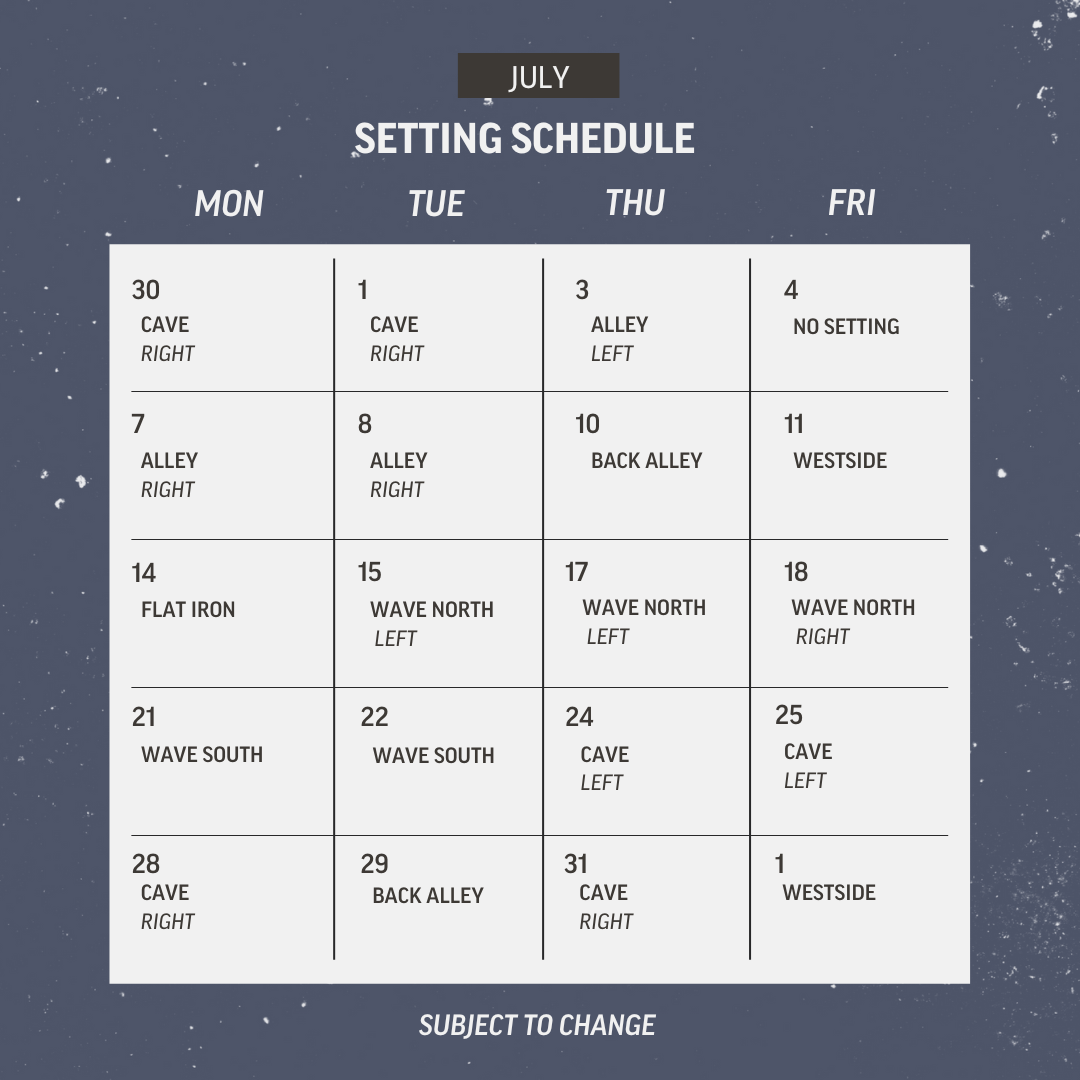 A July schedule in a grid format shows various settings like Cave, Alley, Back Alley, Wave North, Wave South, and Westside—each weekday assigned to spaces for Brooklyn Climbing Yoga and Fitness, with some slots noting LEFT or RIGHT.