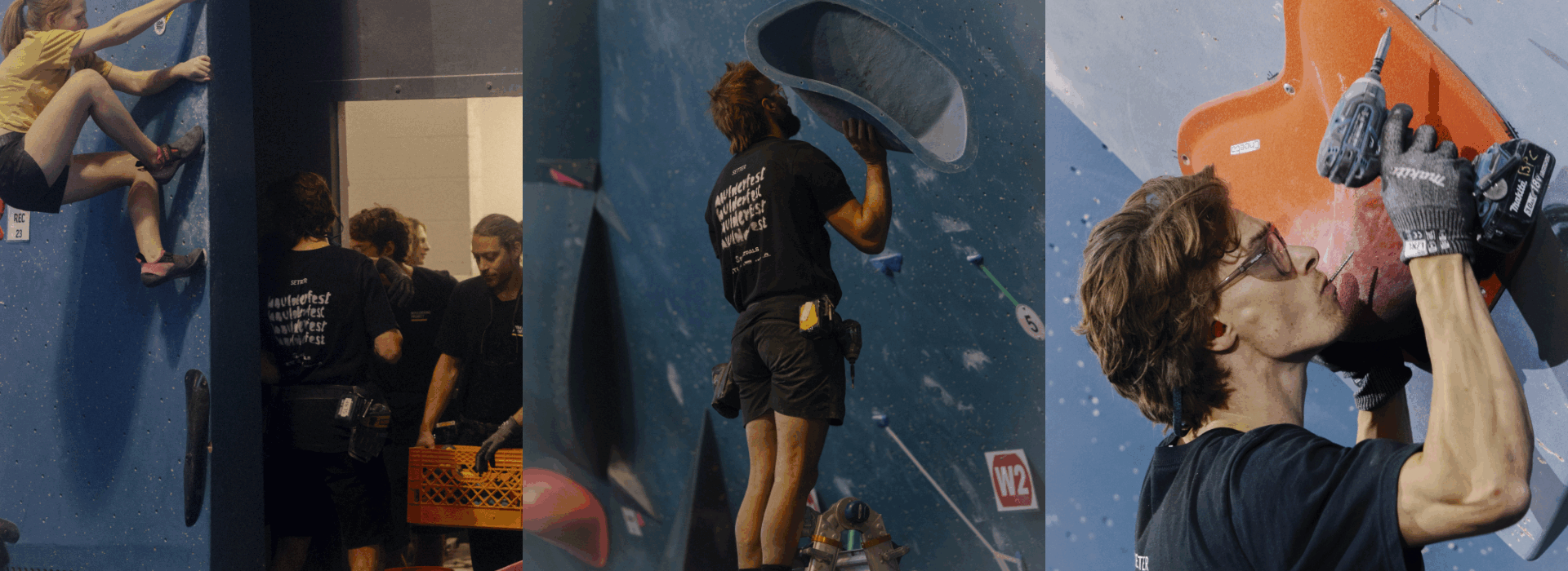 Three photos: a woman climbs an indoor bouldering wall, several people gather near climbing holds and tools, and a man on a ladder uses a drill to install a hold—capturing the full indoor climbing experience.