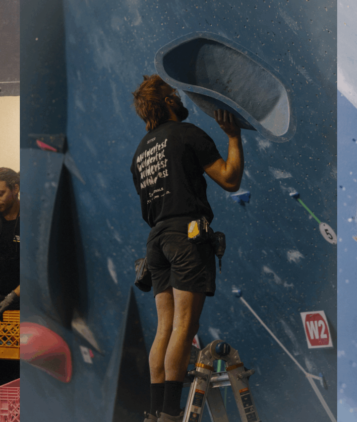 Three photos: a woman climbs an indoor bouldering wall, several people gather near climbing holds and tools, and a man on a ladder uses a drill to install a hold—capturing the full indoor climbing experience.