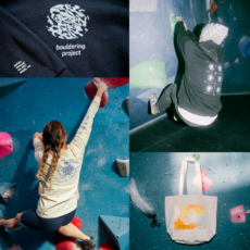 A collage shows two people bouldering on an indoor climbing wall, close-ups of branded clothing reading bouldering project, and a beige tote bag with an abstract design hanging on the wall.
