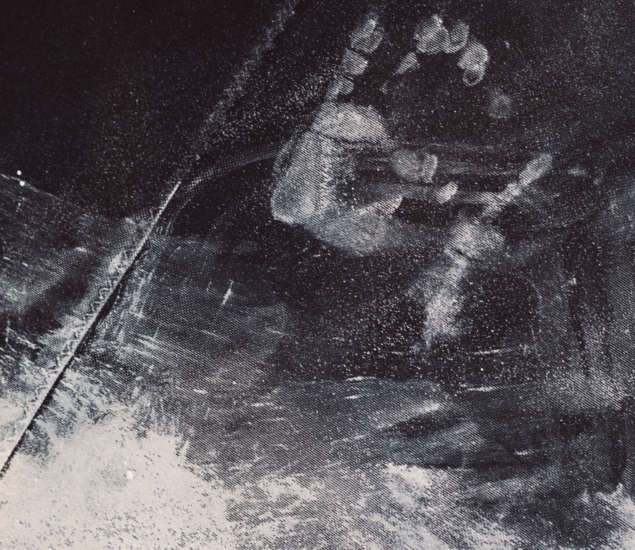 A white dusty handprint is visible on a dark surface, surrounded by smudges and streaks, creating a textured and mysterious appearance—like an OB/SESSION-worthy clue in the Board League.