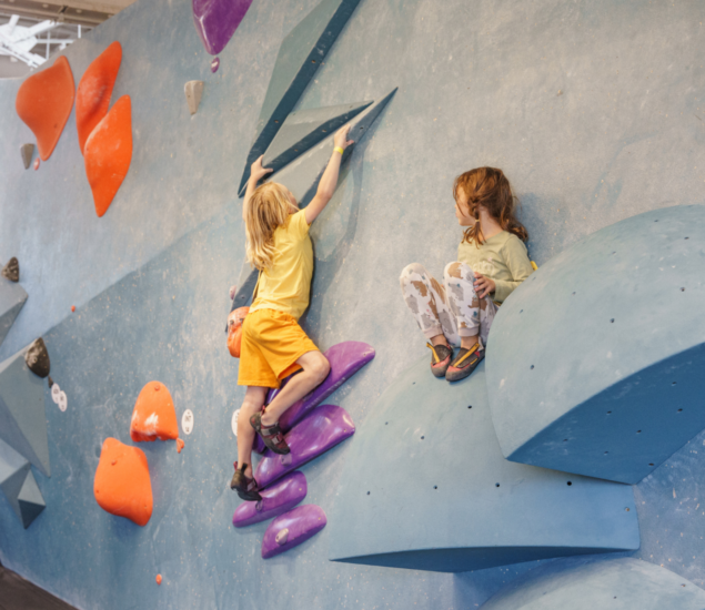 Two children in colorful clothes climb an indoor bouldering wall with large blue, purple, and orange holds, focused and mid-action—a perfect image to showcase your Youth Program on a landing page template.