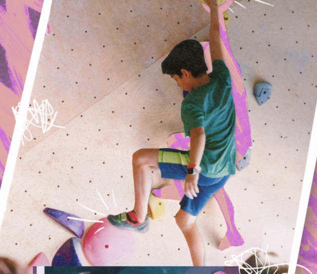 A young boy in a green shirt and blue shorts climbs an indoor rock wall at summer camp 2025, reaching up with one hand. Colorful climbing holds are visible, with playful, abstract graphics surrounding the image.