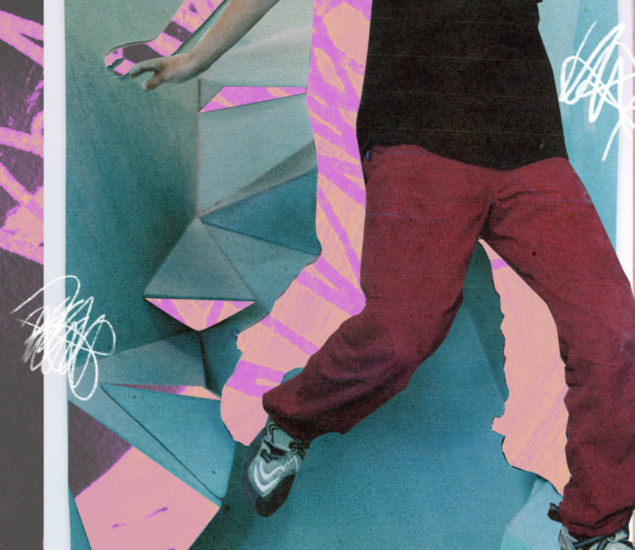 A person in red pants and sneakers is stepping onto geometric, pastel-colored stairs, with their hand outstretched—capturing the playful spirit of Summer Camp 2025. Abstract patterns and scribbles decorate the background.