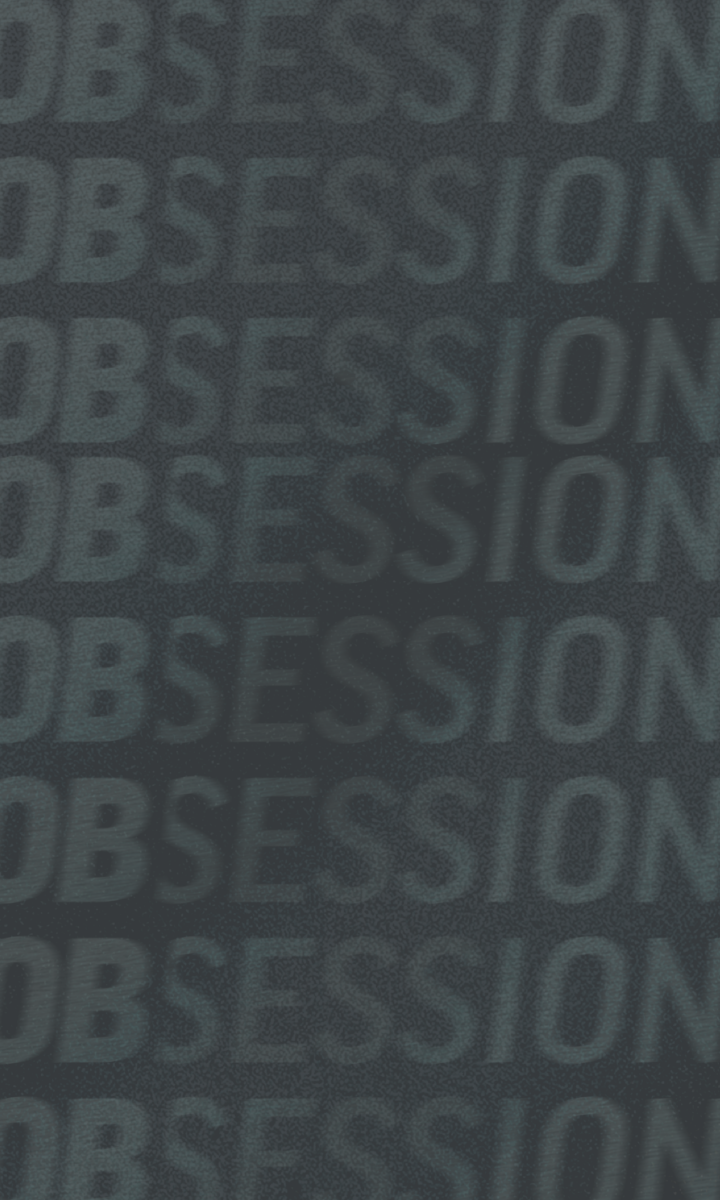 Repeating word OB/SESSION in all-caps, with ION at the end of each line highlighted in a brighter color against a dark, textured background. The Board League text appears in a staggered, fading pattern.